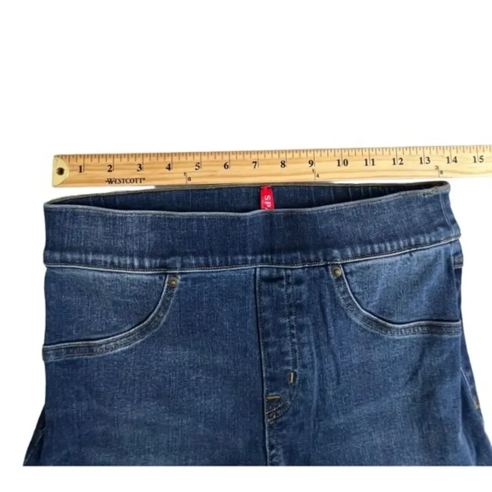 Spanx Womens Dark Wash Mid Rise Elastic Waist Pull on Raw Hem Skinny Jeans Small